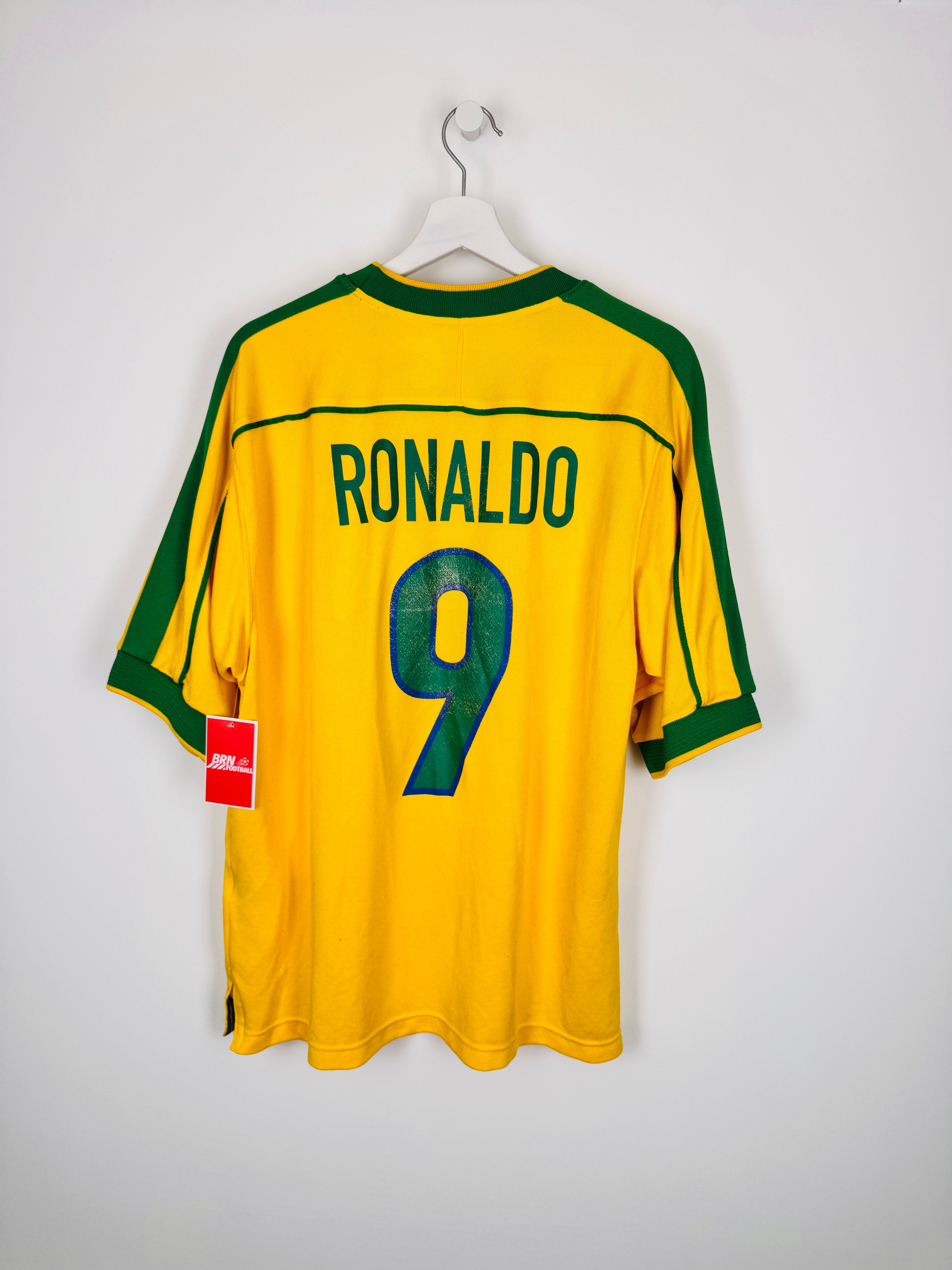 MAILLOT DE FOOTBALL BRÉSIL 1998 DOMICILE - RONALDO NAZARIO #9 (L)