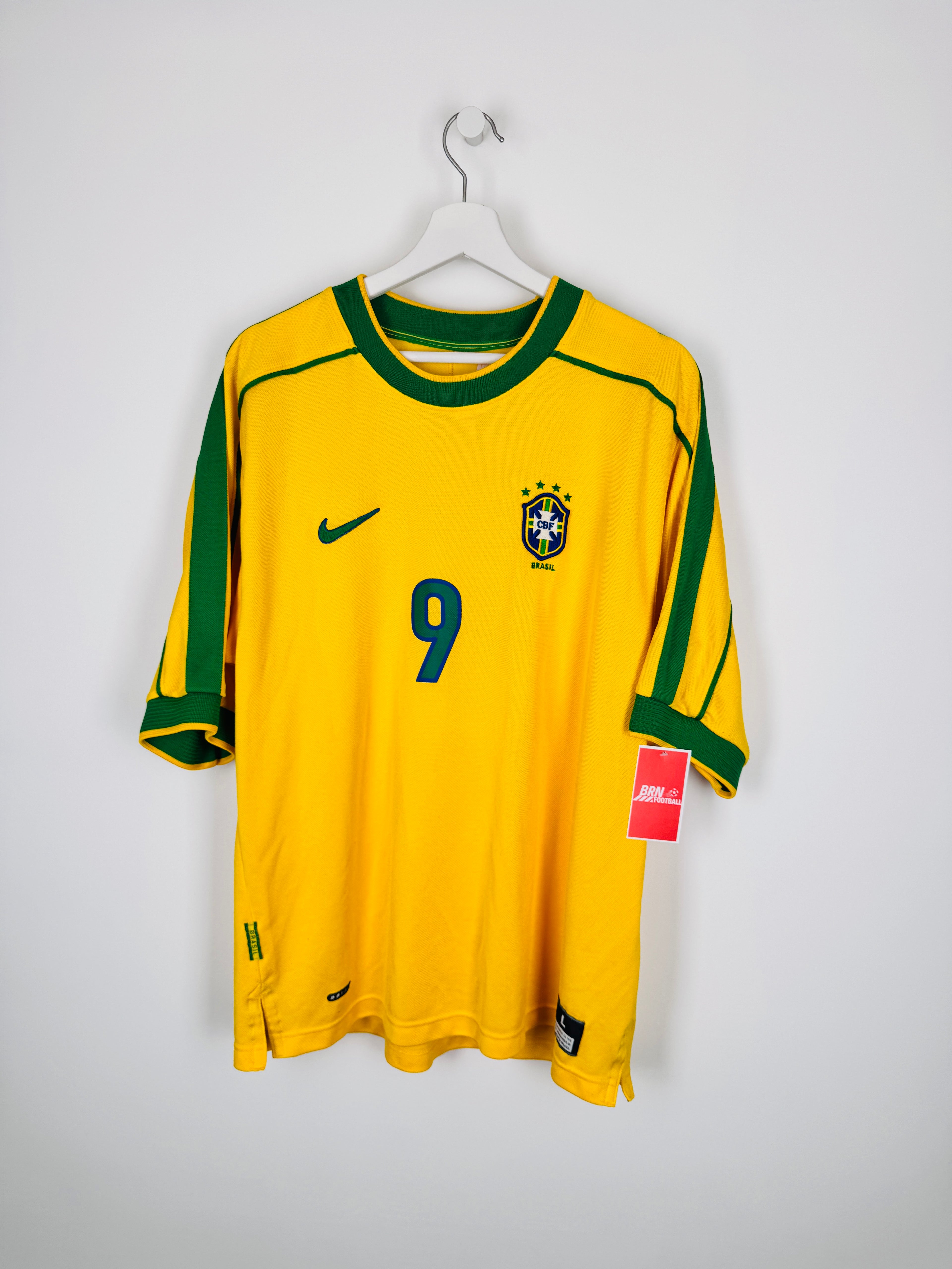 MAILLOT DE FOOTBALL BRÉSIL 1998 DOMICILE - RONALDO NAZARIO #9 (L)