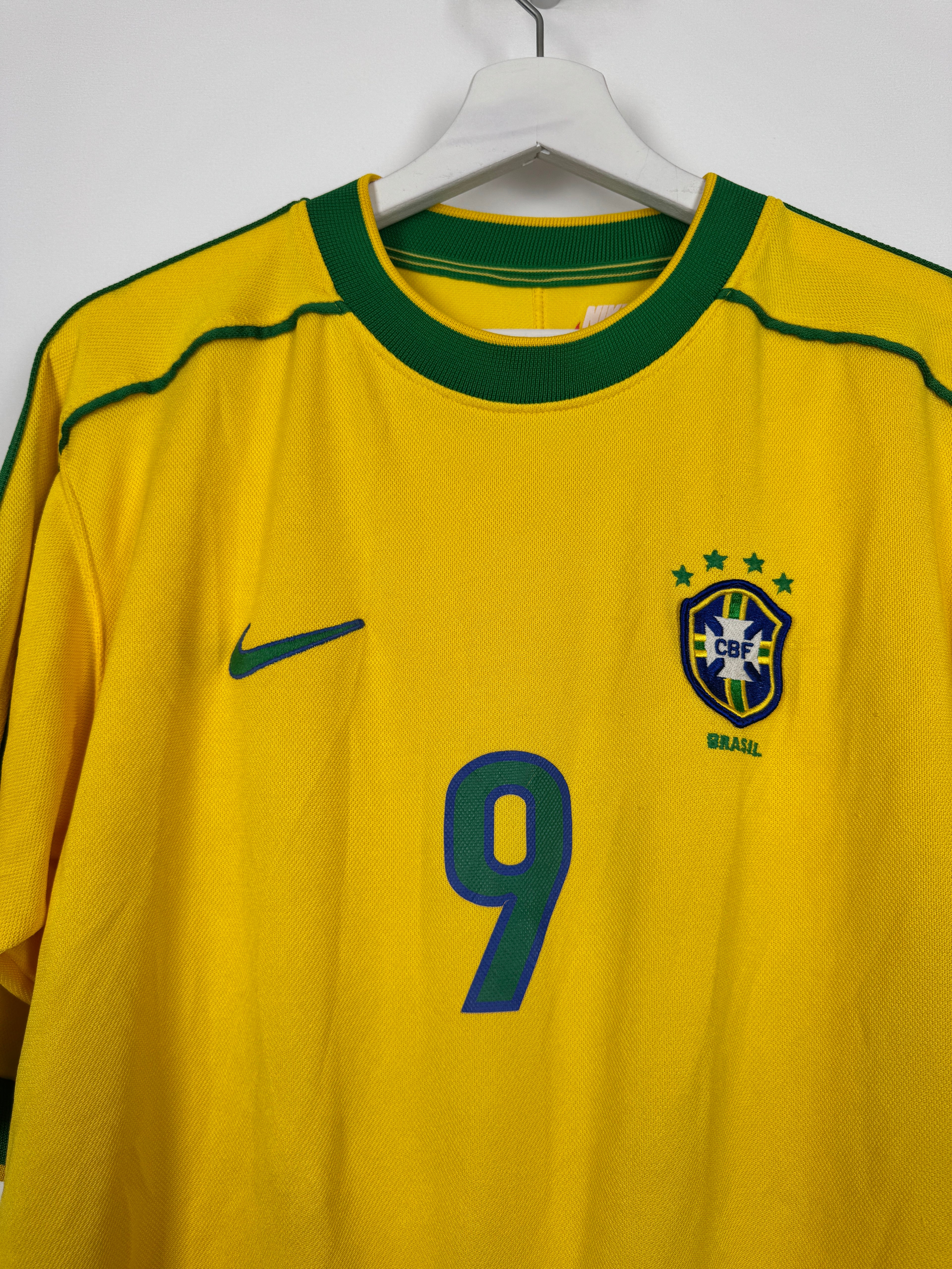 BRAZIL 1998 HOME FOOTBALL JERSEY - RONALDO #9 (S)
