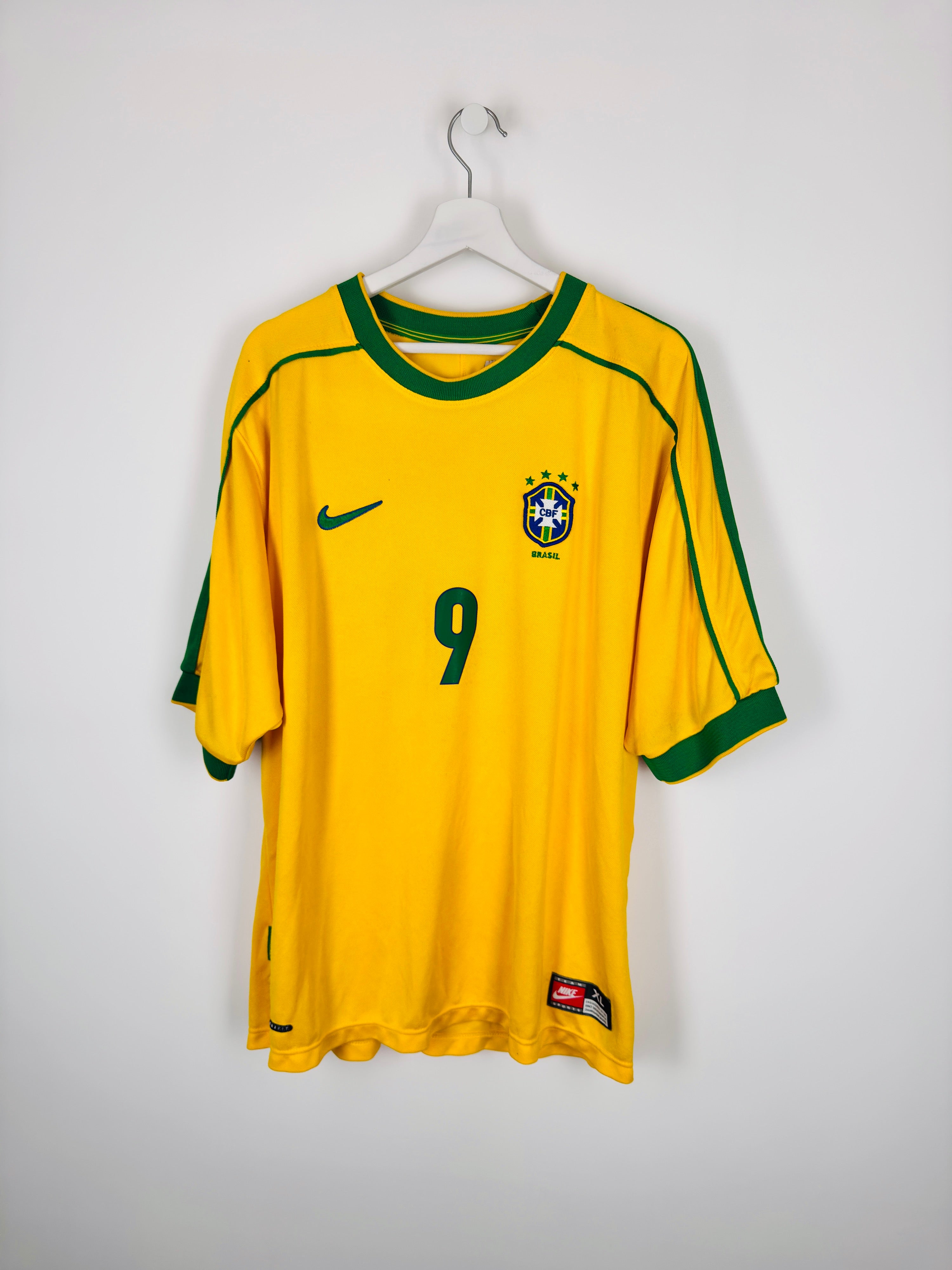 BRAZIL 1998 HOME FOOTBALL JERSEY - RONALDO #9 (XL)